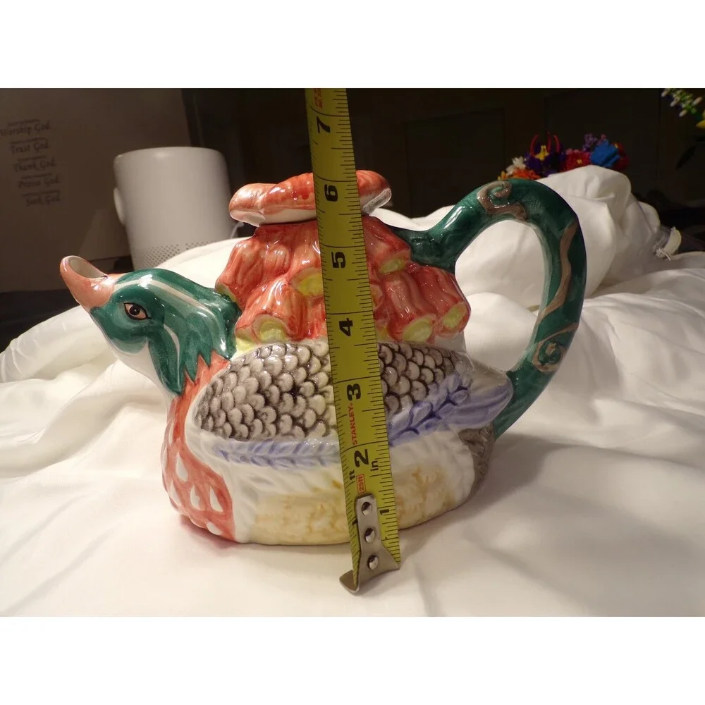 Vintage 1990's WCL 32oz. Goose Teapot Hand-painted with Flower Lid; Peach Green